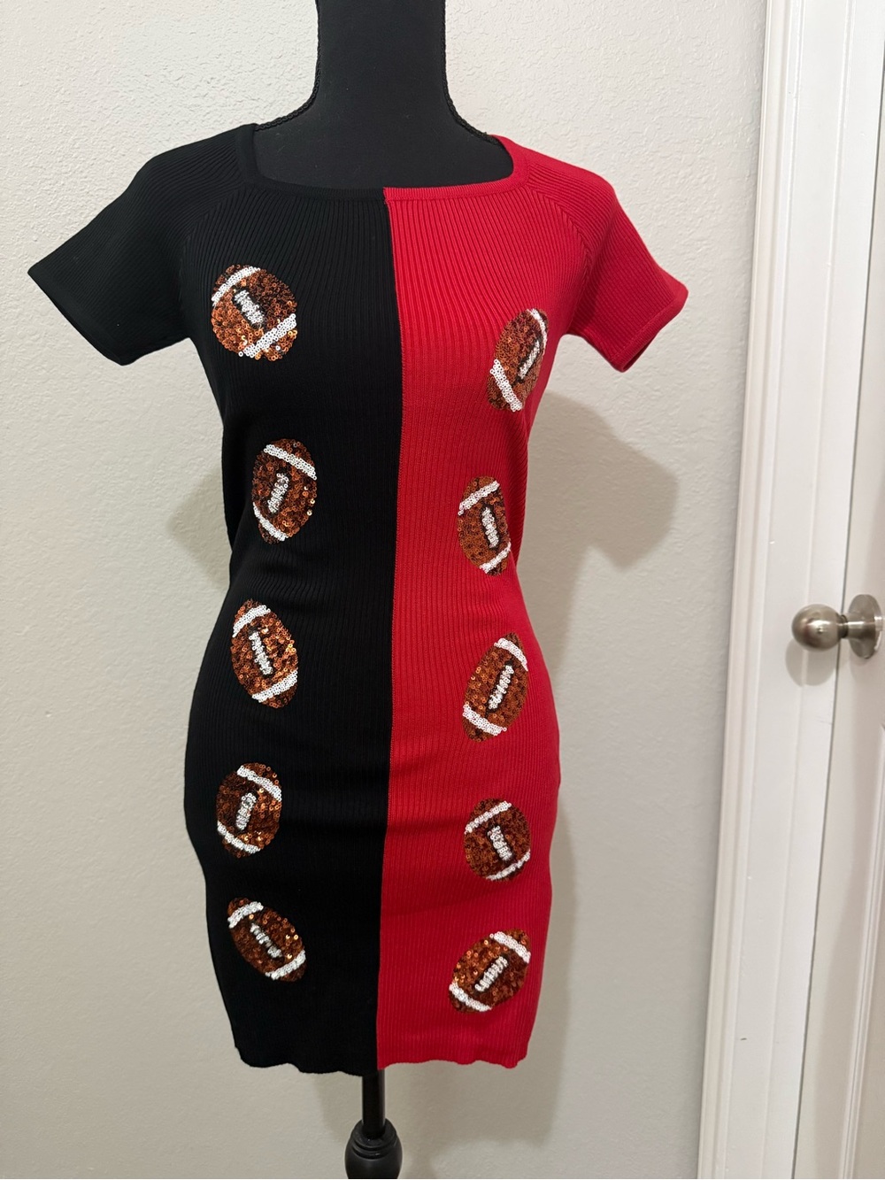 Colorblock Red and Black Sequin Football Knit Dress